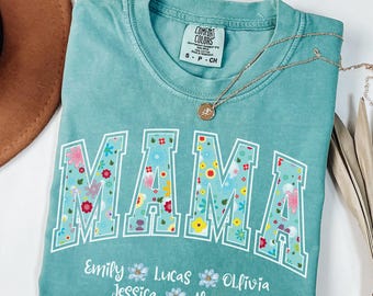 Camiseta personalizada Mama Comfort Colors® con nombres de niños, camiseta floral para mamá, camiseta para el Día de la Madre, camiseta personalizada con nombres de niños para mamá, camiseta floral para mamá