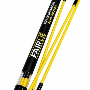 May include: A black cylindrical storage tube with the white and yellow text FAIRLIE TRAIN SMARTER PLAY BETTER, containing two bright yellow alignment sticks with black end caps, alongside two additional matching yellow sticks with black caps.