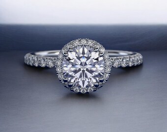 Platinum Round Cut 1.37 Carat Lab Grown Diamond Halo Engagement Ring, IGI Certified