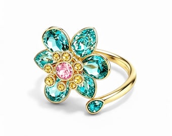 Verstelbare bloemenzirkoonring voor dames, kleurrijke kristallen bloemring, gouden open ring, roze groene stenen ring, elegante statement sieraden