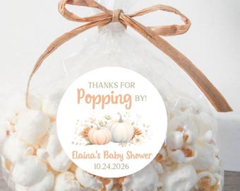 Personalized Pumpkin Baby Shower Popcorn Favor Bags: Raffia Ribbon and Stickers