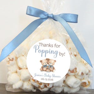 Teddy Bear Boy Twin Baby Shower; thanks for popping by popcorn favor stickers bags image 1