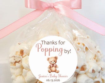Teddy Bear Girl Baby Shower; thanks for popping by popcorn favor stickers bags