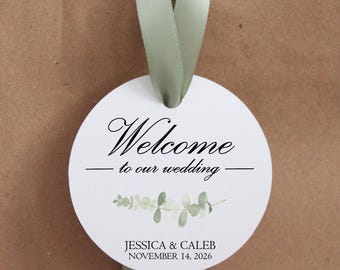 Hotel Wedding Welcome Bag Tags with Sage Ribbon: Destination Guest Favor