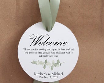 Eucalyptus Sage Wedding Welcome Bag Tags: Personalized Guest Favor with Ribbon