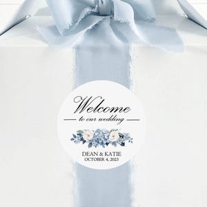 Blue Hydrangea wedding hotel welcome bag box stickers; guest favor; out of town destination wedding; thank you gift bag appreciation