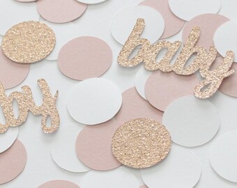 Blush, white champagne gold baby shower table confetti decorations