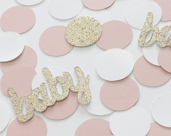 Blush, white gold baby confetti. Girl shower gender reveal table decor