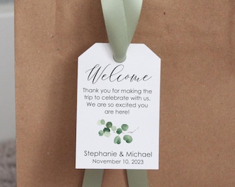 Eucalyptus Hotel Wedding Welcome bag tags and sage ribbon; out of town guest favor; destination wedding; simplistic thank you gift bag