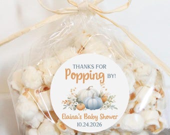Personalized Blue Pumpkin Fall Boy Baby Shower Sprinkle Popcorn Favor Bags: Stickers