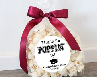 Thanks for Poppin' by wine graduation party favor popcorn bag sticker ribbon, thank you treat; class of 2024 college high school maroon