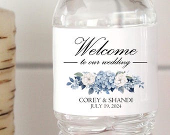 Personalized Wedding Water Bottle Labels: Blue Hydrangea Floral