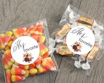 Fall Wedding Hotel Welcome Bag Stickers: His & Her Favorite Treats