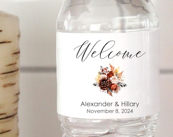 Personalized Fall Wedding Water Bottle Labels: Terracotta pinecone; hotel welcome bags