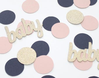 Navy blush gold baby shower gender reveal table confetti