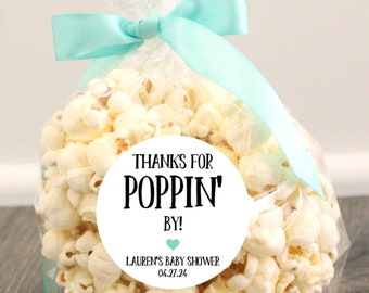 Personalized Baby Shower Thanks for popping by Popcorn Favor Stickers & Ribbon