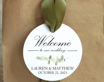 Hotel Guest Wedding Welcome Bag Tags Ribbon: Personalized Guest Favor; Eucalyptus Greenery Boho Destination