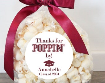 Thanks for Poppin' by wine graduation party favor popcorn bag sticker ribbon, thank you treat; class of 2024 college high school maroon