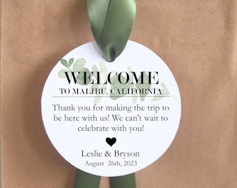 Destination Wedding Hotel Welcome Bag tag and ribbon boho greenery guest favor out of town thank you eucalyptus gift simplistic appreciation