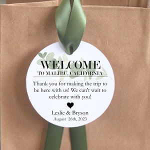 Destination Wedding Hotel Welcome Bag tag and ribbon boho greenery guest favor out of town thank you eucalyptus gift simplistic appreciation