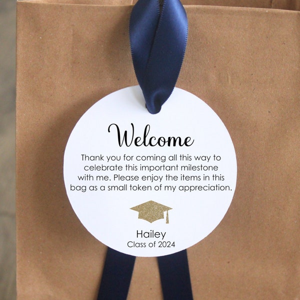 Graduation Hotel Welcome bag tags and ribbon; guest favor; out of town; class of 2024 thank you gift bag simplistic appreciation party gift