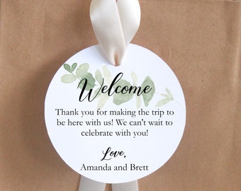 Wedding Welcome Hotel Guest Bag Tag: Boho Greenery Eucalyptus Favor with Ribbon