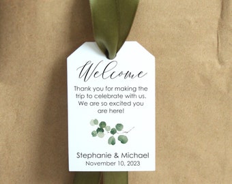 Eucalyptus Hotel Wedding Welcome bag tags and ribbon; out of town guest favor; destination wedding; simplistic thank you gift bag