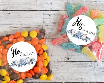 Blue Hydrangea Wedding Welcome Bag Stickers: His & Her Candy Favor Labels