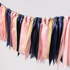 Navy, blush pink and gold ribbon garland. Baby shower. Gender reveal party. Birthday party. Wedding Bridal Shower Engagement photo backdrop