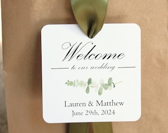 Eucalyptus Hotel Wedding Welcome bag tags ribbon; guest favor; out of town; destination wedding; thank you gift bag simplistic appreciation