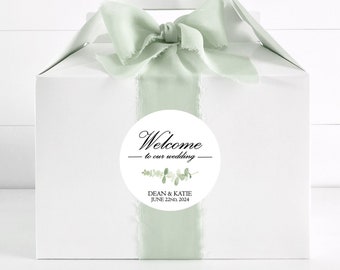 Hotel Wedding Welcome Bag Stickers: Personalized Eucalyptus Greenery Guest Favor Box Labels