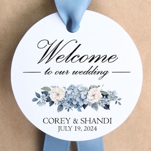 Blue hydrangea floral hotel welcome bag tags; guest favor; out of town destination wedding; thank you gift; just in case; emergency kit