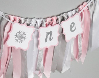 Winter onederland high chair banner tutu, pink silver white decor, first birthday girl decor, ribbon garland, cake smash photo backdrop