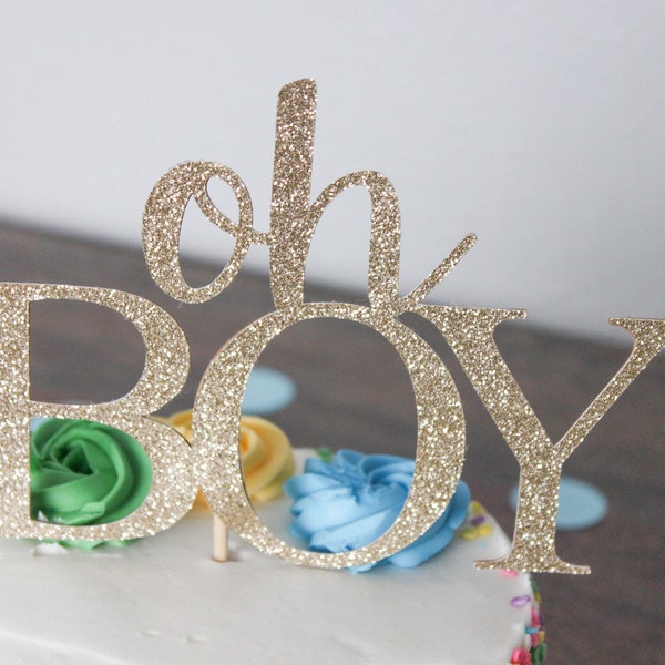 Oh Boy baby shower cake topper. Gold glitter. Boy baby sprinkle dessert topper. Baby shower decor. Welcome baby party decor