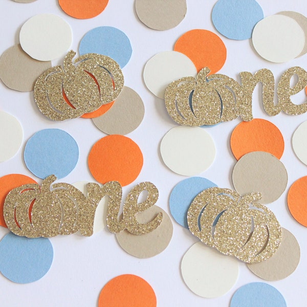 Our little pumpkin confetti; Baby blue, orange, brown, ivory, gold; boy fall first birthday party; table scatter; our lil pumpkin is one