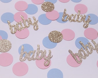 Baby pink blue gold baby shower gender reveal confetti table decor