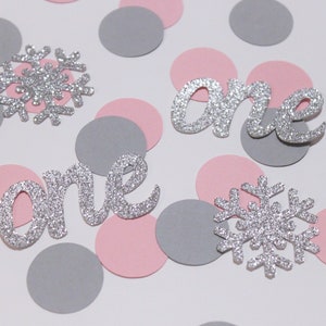 Winter onederland first birthday confetti; snowflake pink and grey table scatter; table decorations; winter wonderland girl decor