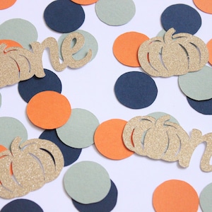 Our Little Pumpkin is One Confetti: Navy, Sage & Orange First Birthday Decor