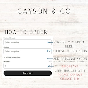 May include: Image with the text "CAYSON & CO" and "HOW TO ORDER:" with instructions on how to order, including choosing quantity, options, and adding personalization. The quantity is set to 1.