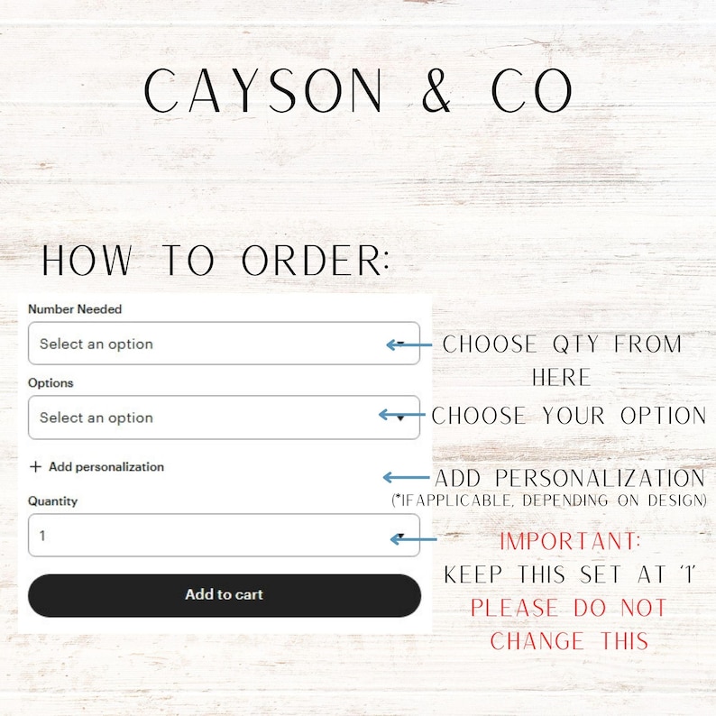 May include: Image with the text "CAYSON & CO" and "HOW TO ORDER:" with instructions on how to order, including choosing quantity, options, and adding personalization. The quantity is set to 1.