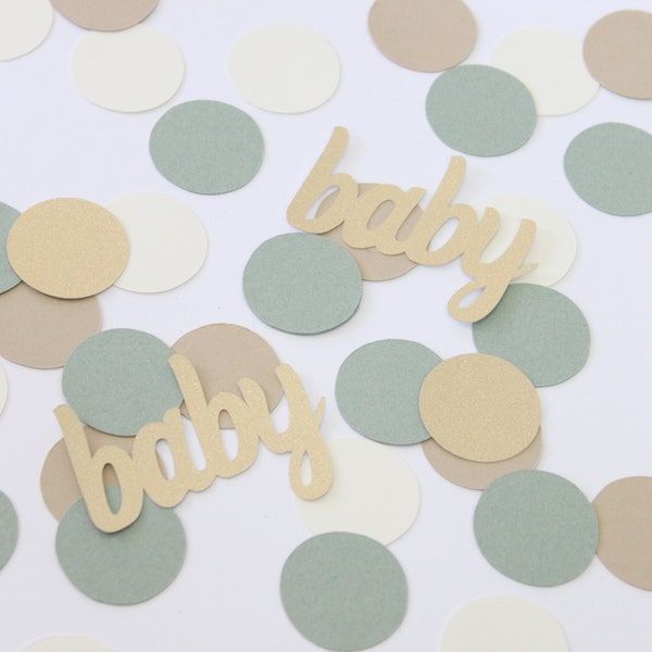 Sage, taupe, ivory, gold baby confetti. Boho neutrals chic Boy Baby shower. Gender Reveal. Table scatter. Baby sprinkle. Botanical greenery