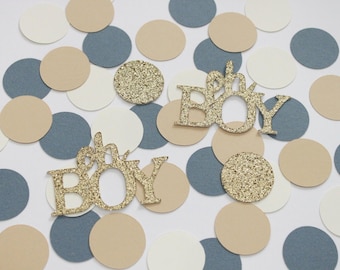 Smoke blue ivory taupe oh boy baby shower confetti table decor