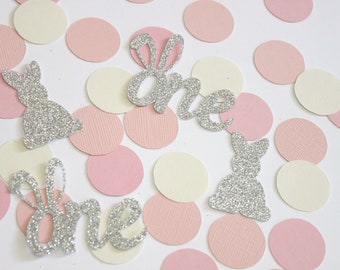 Some bunny is turning one girl first birthday party confetti table scatter decorations, blush, baby pink, off white ivory, silver