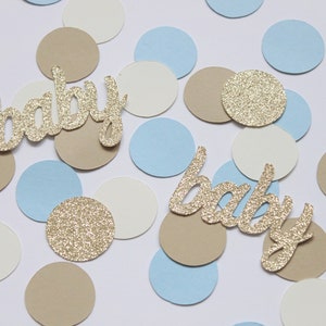 Baby Blue, taupe, ivory, gold baby confetti. We can barely wait teddy bear Boho neutrals chic Boy Baby shower. Gender Reveal. Baby sprinkle