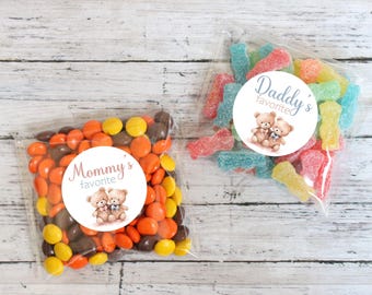 Twin Teddy Bear Baby Shower Stickers: Mommy & Daddy Favorite Snack Favors, Gender Reveal