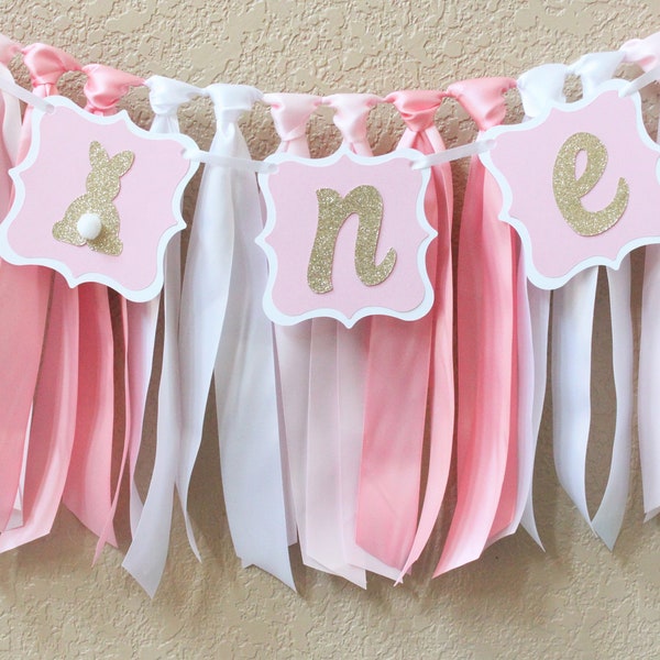 Some bunny is one first birthday high chair banner. Pink, white, gold. Baby girl spring birthday. Smash cake photo backdrop ribbon garland