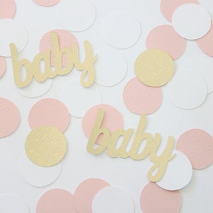 Blush, white, and gold baby confetti. Girl Baby shower. Gender reveal party. Meet the baby. Baby sprinkle. Table scatter. Table decor