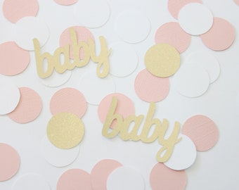 Blush, white, and gold baby confetti. Girl Baby shower. Gender reveal party. Meet the baby. Baby sprinkle. Table scatter. Table decor