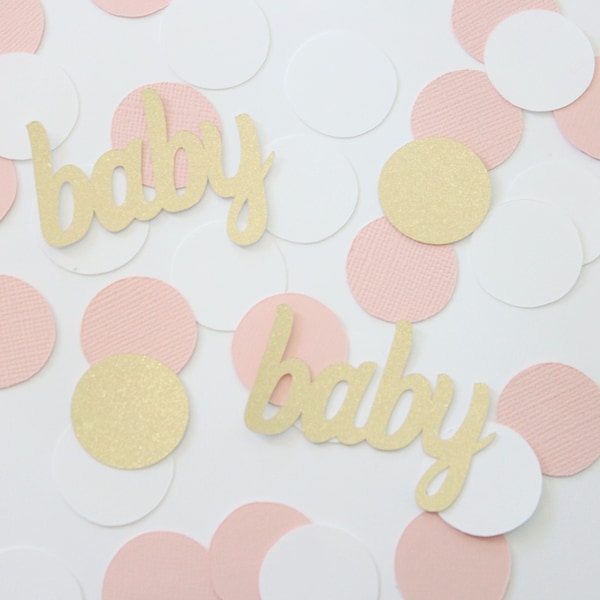 Blush, white, and gold baby confetti. Girl Baby shower. Gender reveal party. Meet the baby. Baby sprinkle. Table scatter. Table decor