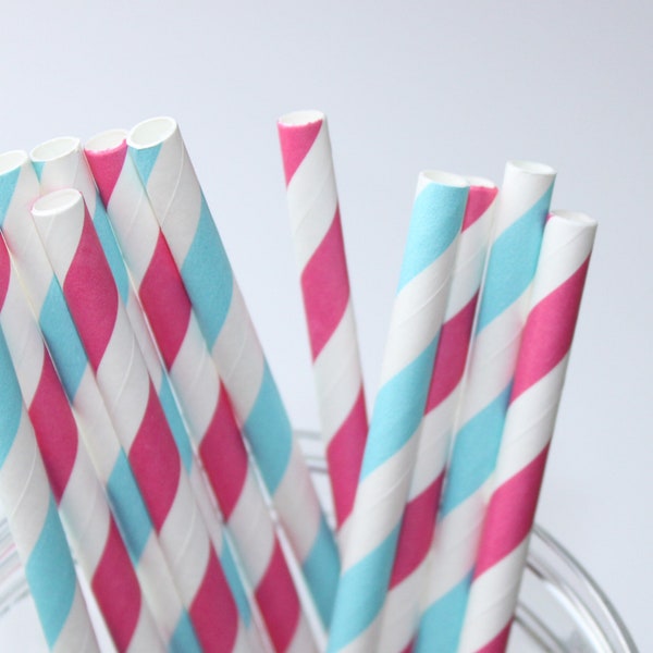 Pink and blue stripe 24ct paper straws; gender reveal party; baby shower; twin birthday party; spring cotton candy party decor; eco friendly